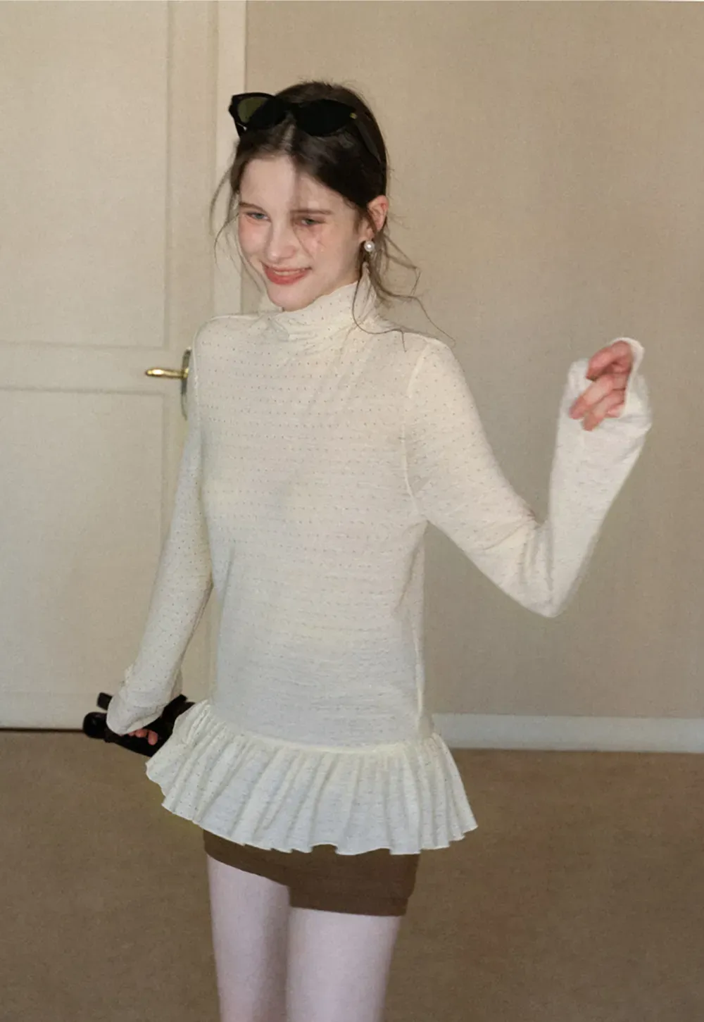 floral dot long sleeve top with ruffle hem