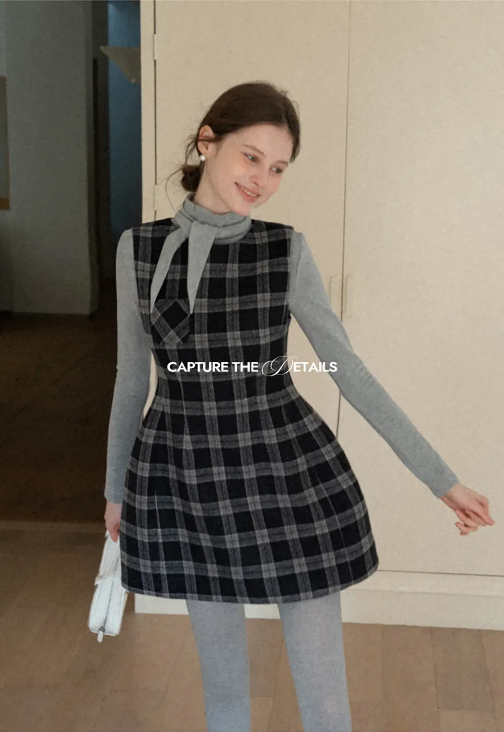 Sleeveless Plaid Dress with High Neck Tie Design