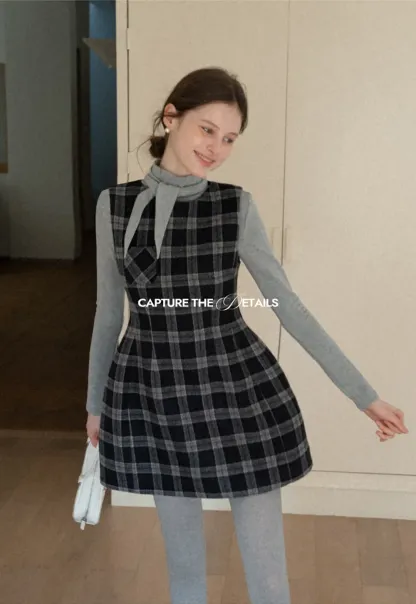 Sleeveless Plaid Dress with High Neck Tie Design