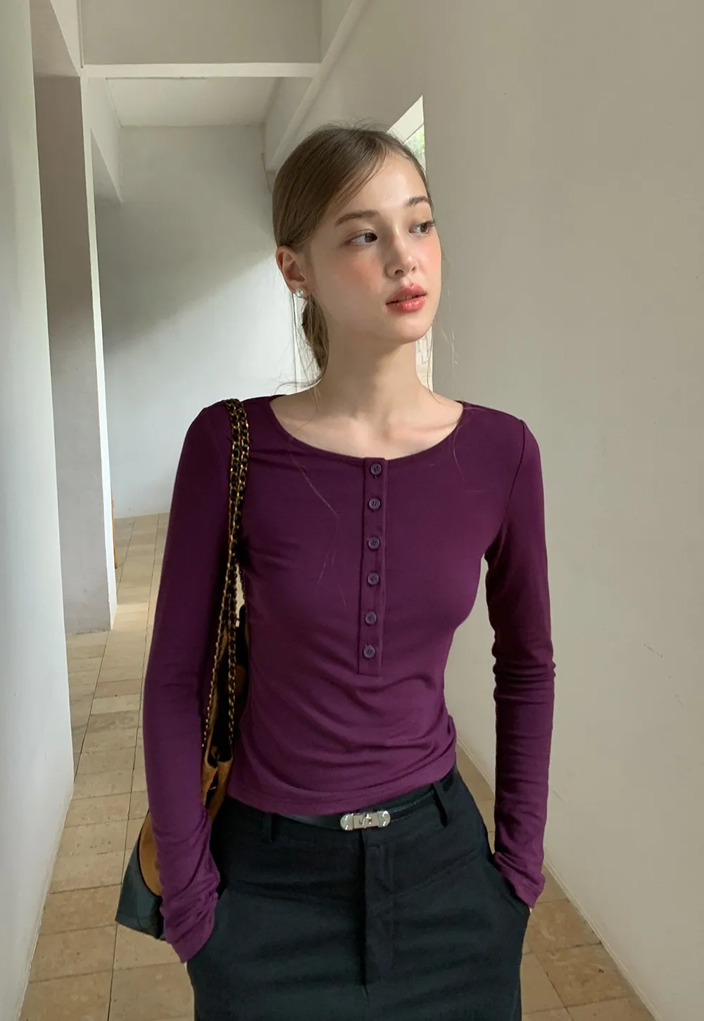 Womens Button Front Long Sleeve Henley Top