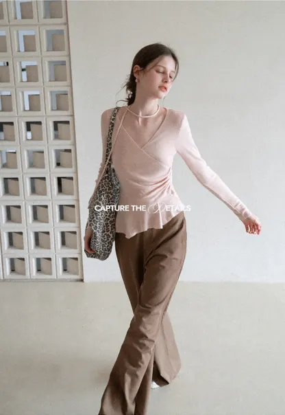 Long sleeve wrap knit sweater with ruched detail