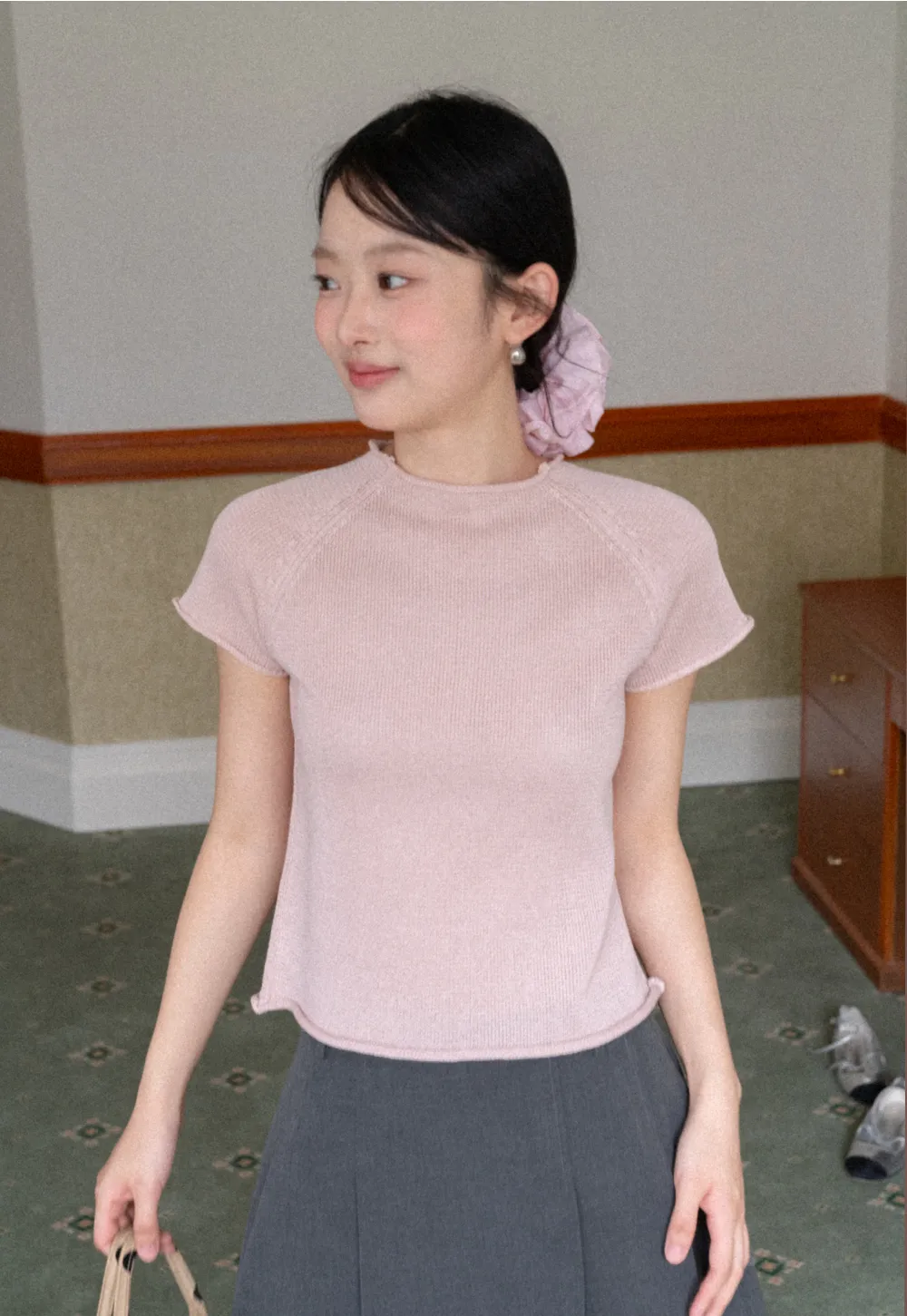 Short Sleeve Ribbed Knit Top with Raglan Sleeves