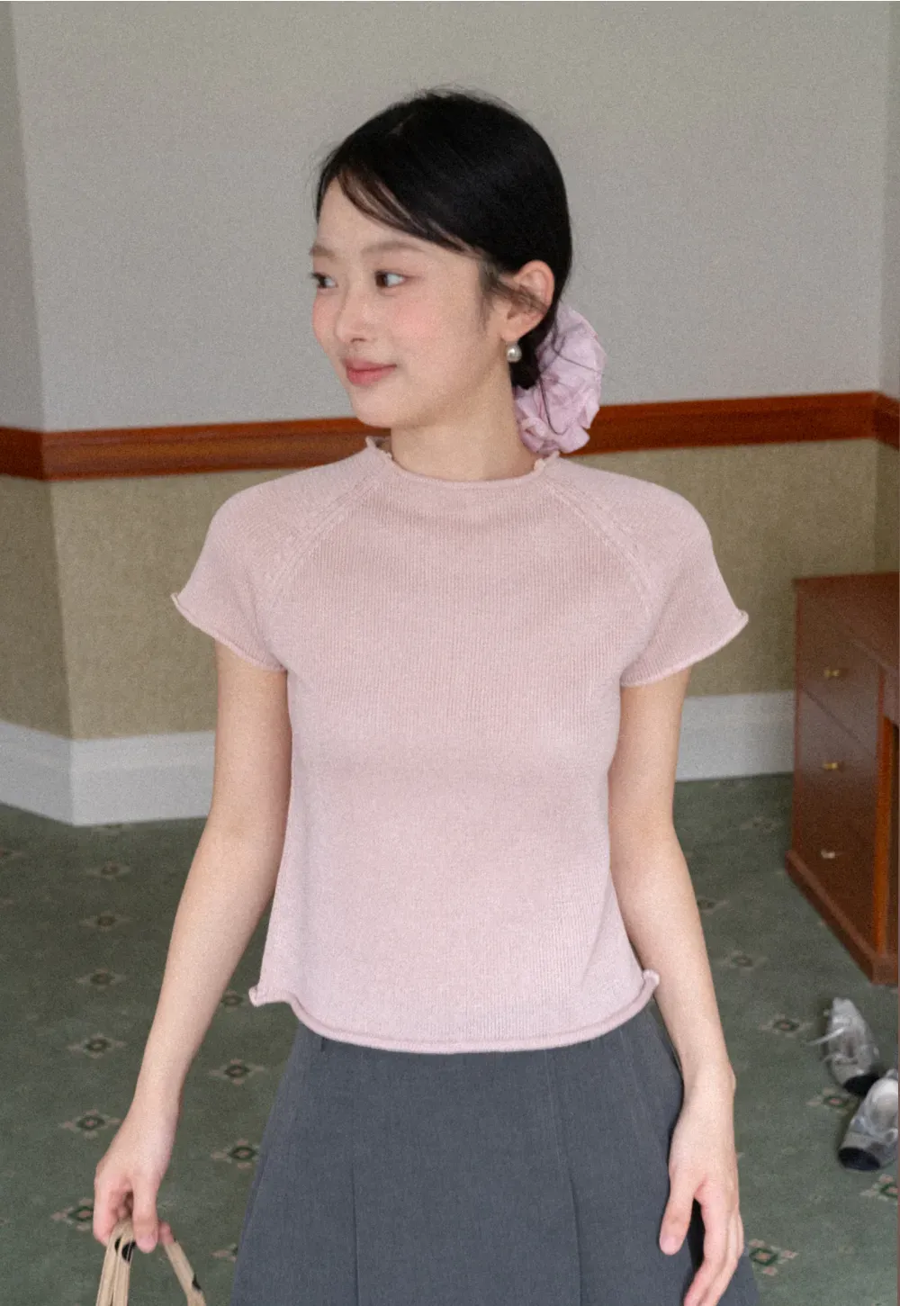 Short Sleeve Ribbed Knit Top with Raglan Sleeves
