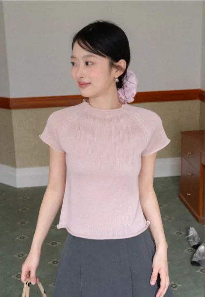Short Sleeve Ribbed Knit Top with Raglan Sleeves