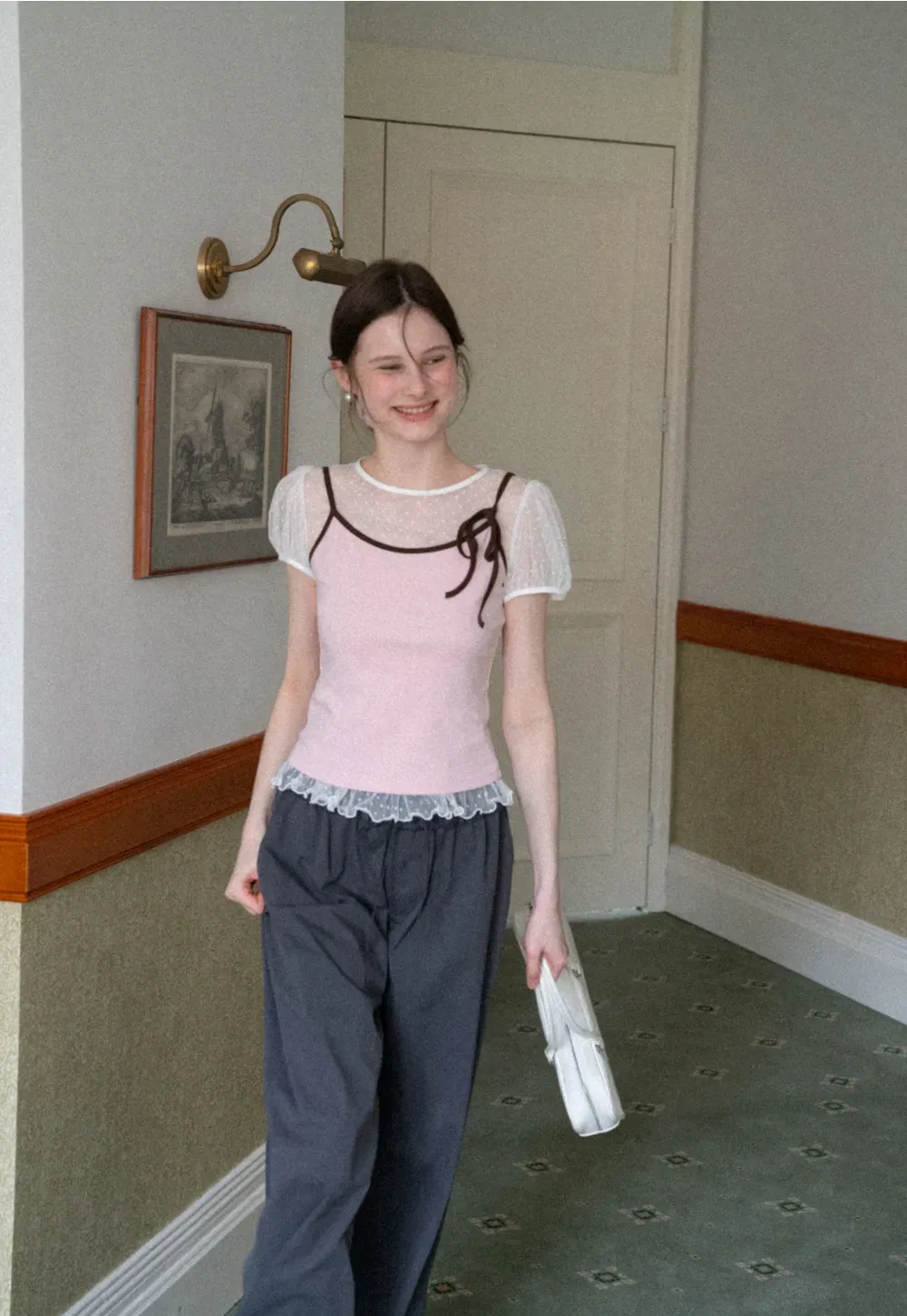 Sheer Mesh Trimmed Tank Top with Bow Detail