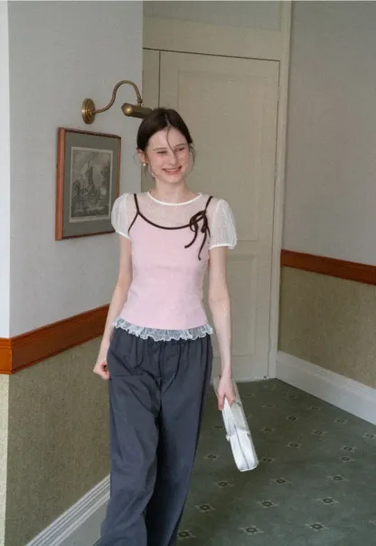 Sheer Mesh Trimmed Tank Top with Bow Detail