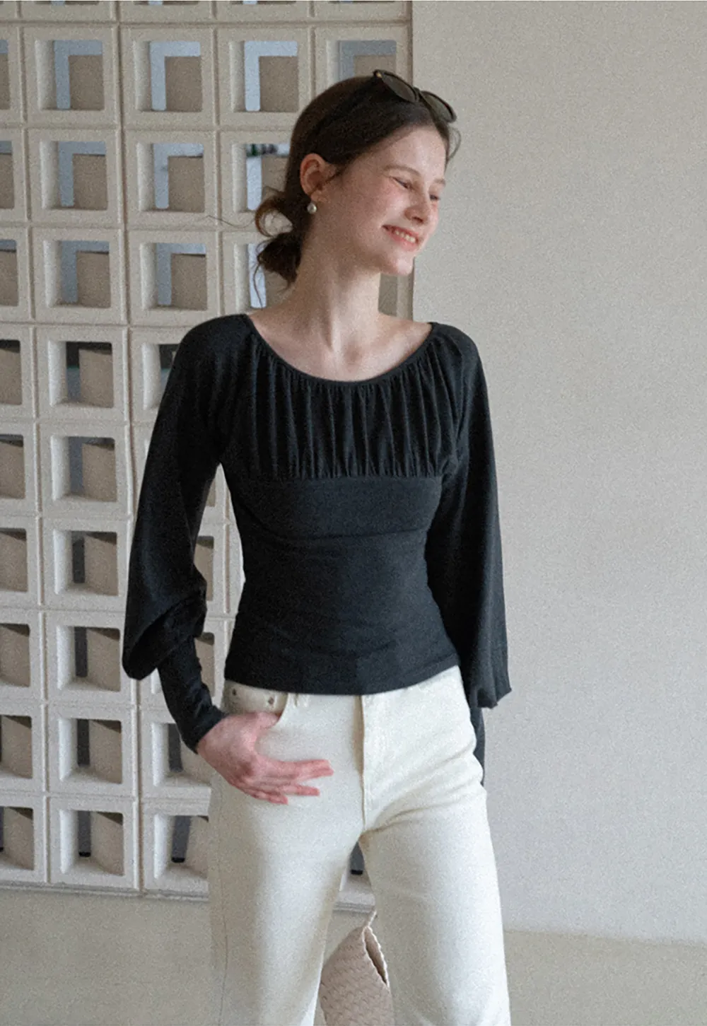 V neck long sleeve top with ruched detail