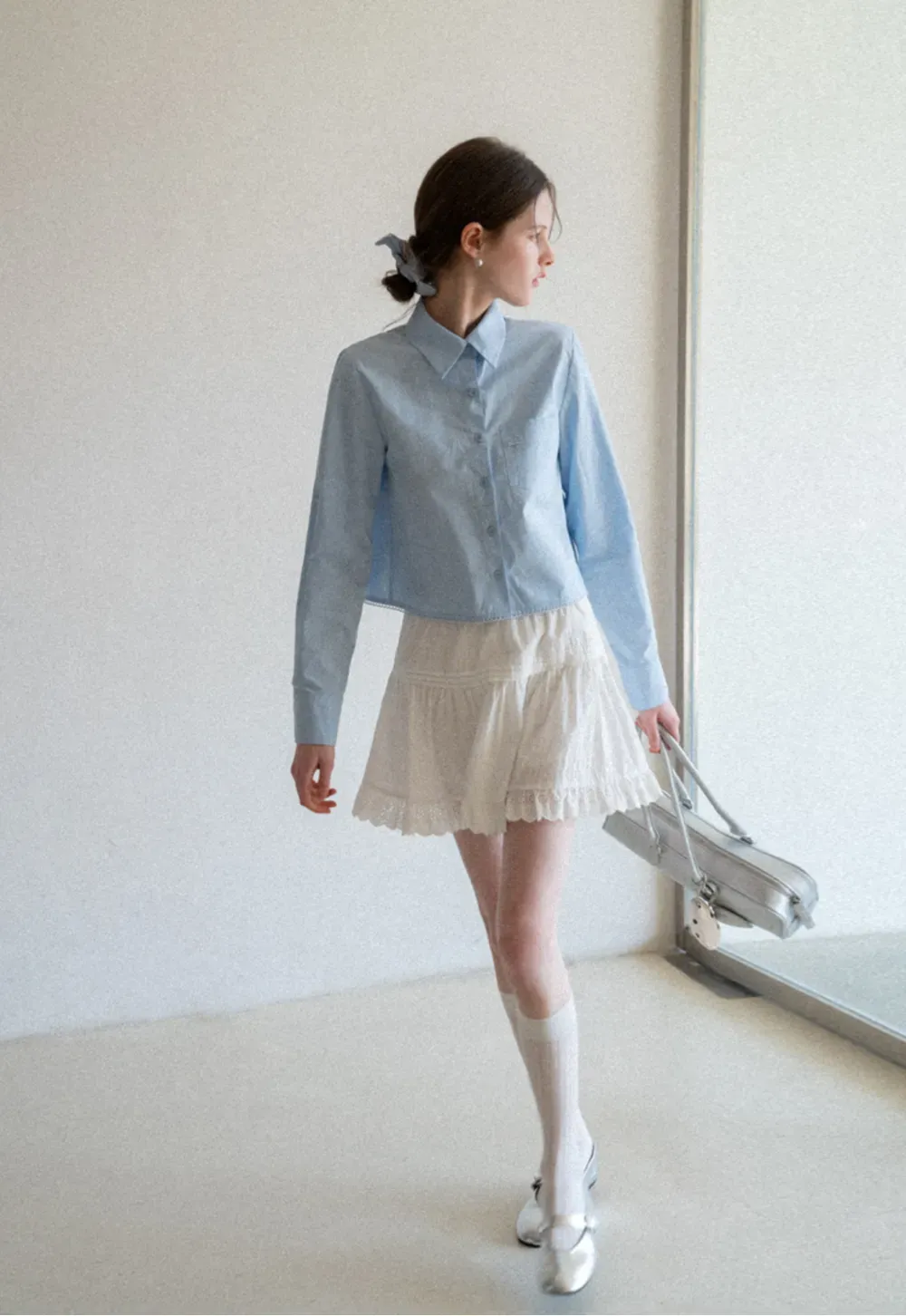 Eyelet Trimmed Tiered Skirt with Ruffled Hem