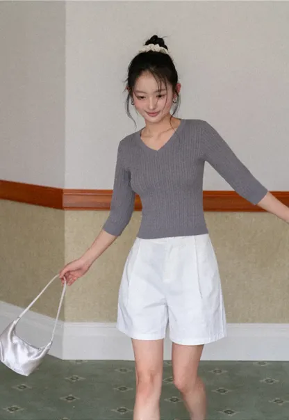 V Neck Ribbed Knit Crop Top