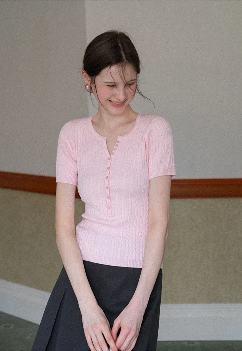 Cable Knit Short Sleeve V Neck Sweater