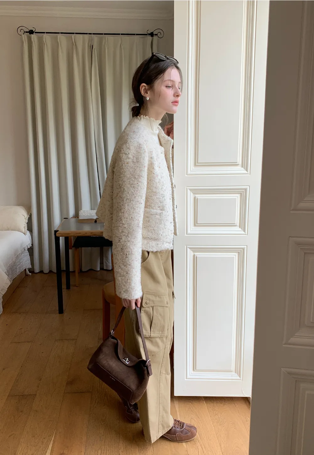 Textured Short Jacket with Long Sleeves and Round Neck