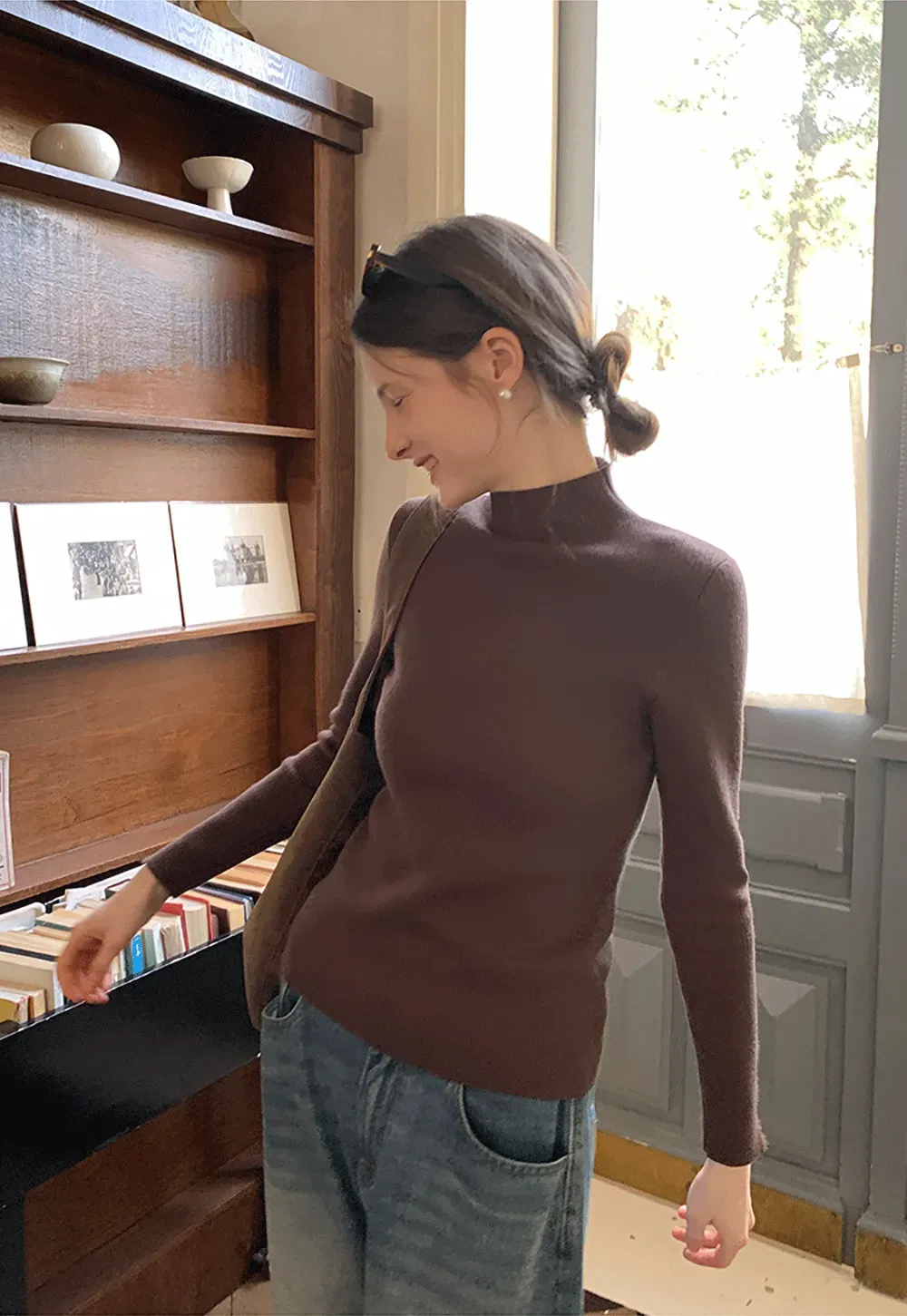 Elegant High Neck Knit Sweater with Button Detail Sleeve