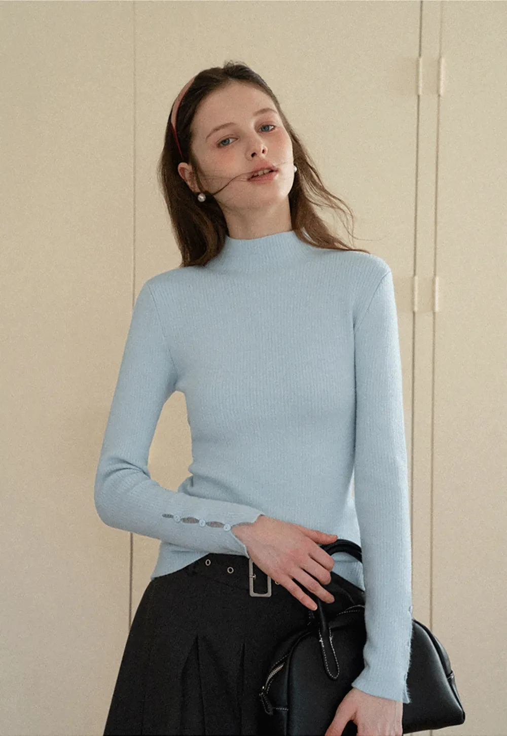 Elegant High Neck Knit Sweater with Button Detail Sleeve