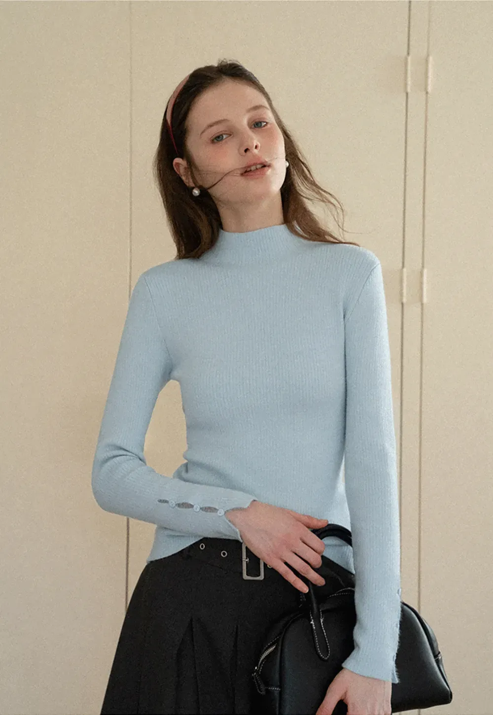 Elegant High Neck Knit Sweater with Button Detail Sleeve