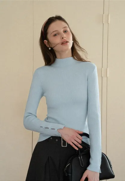 Elegant High Neck Knit Sweater with Button Detail Sleeve