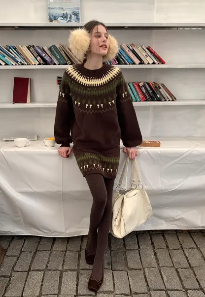 Woolen Knit Sweater and Skirt Set with Pattern Design