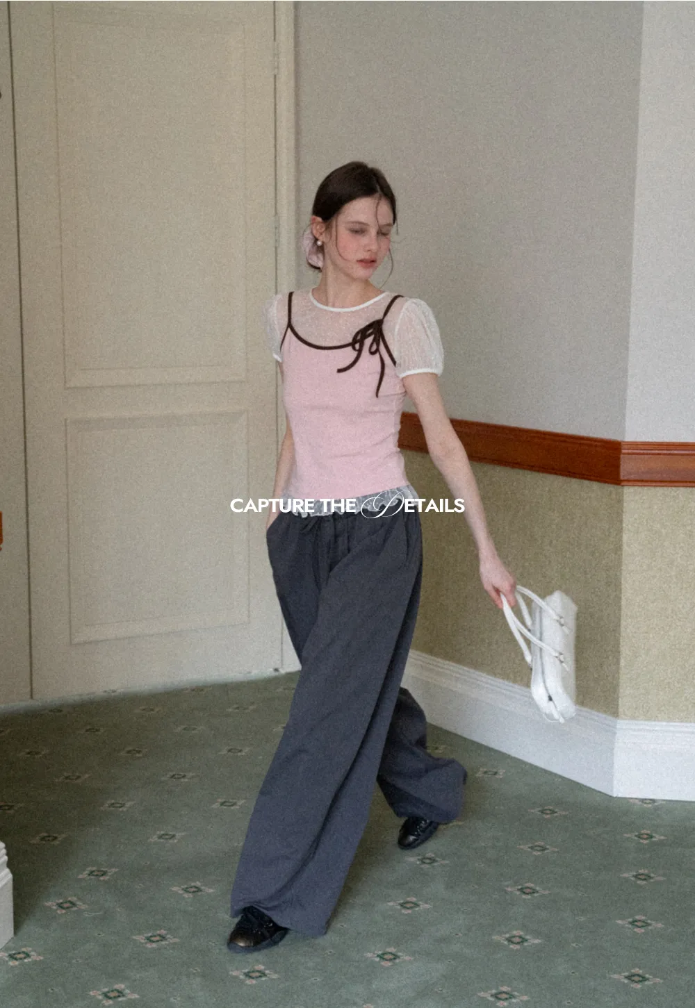 Sheer Mesh Trimmed Tank Top with Bow Detail