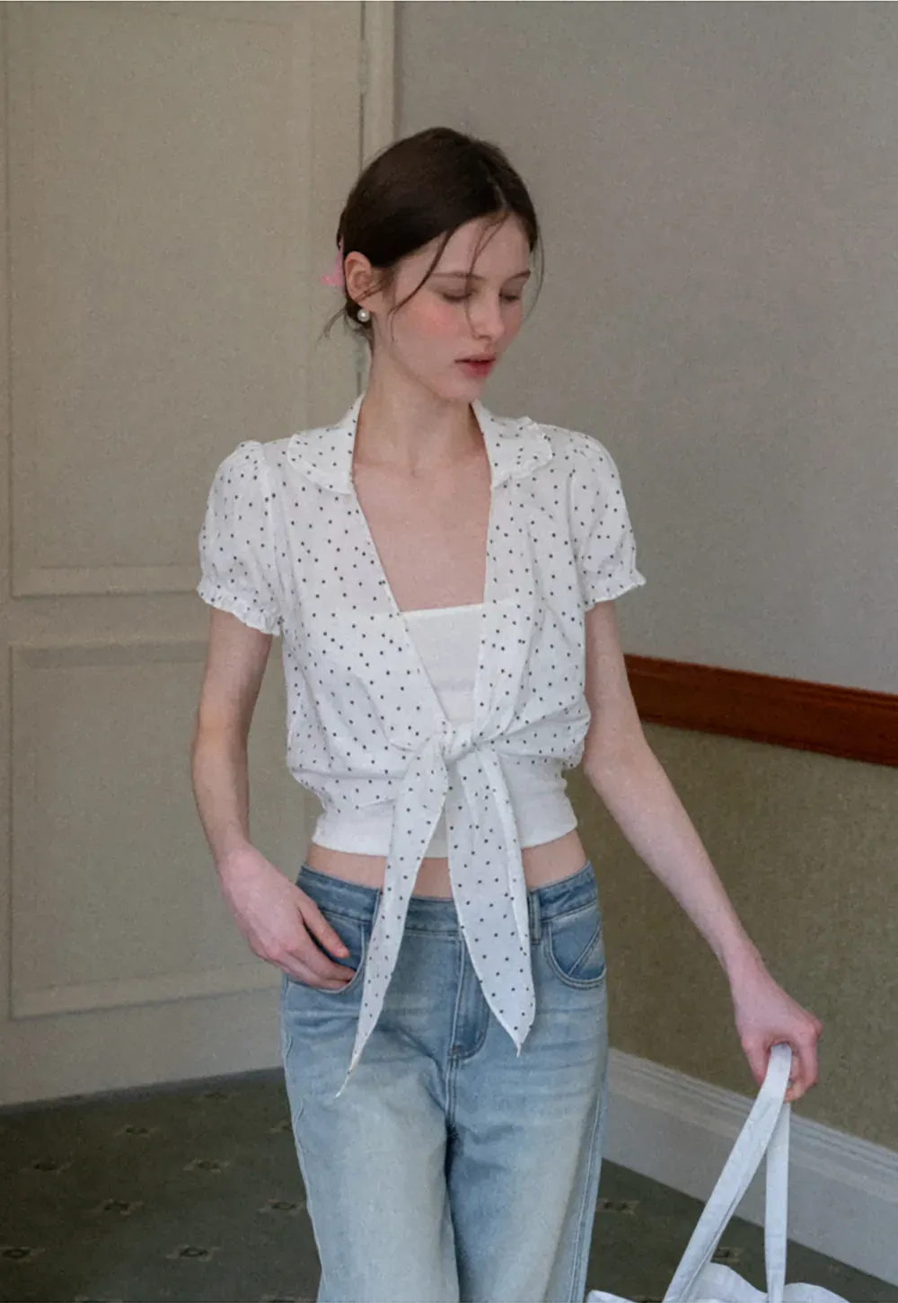 Polka dot short sleeve shirt with front tie detail