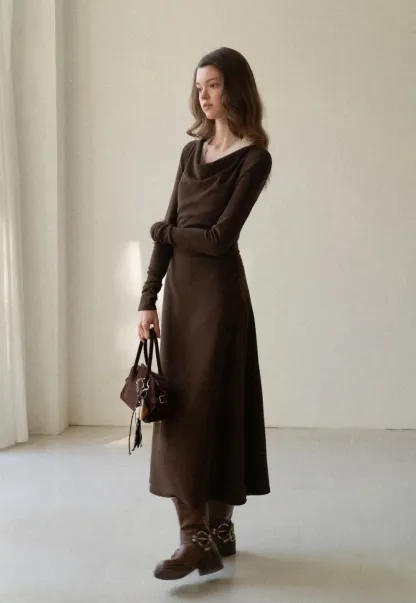 Women Elegant Cowl Neck Dress and Lace Camisole