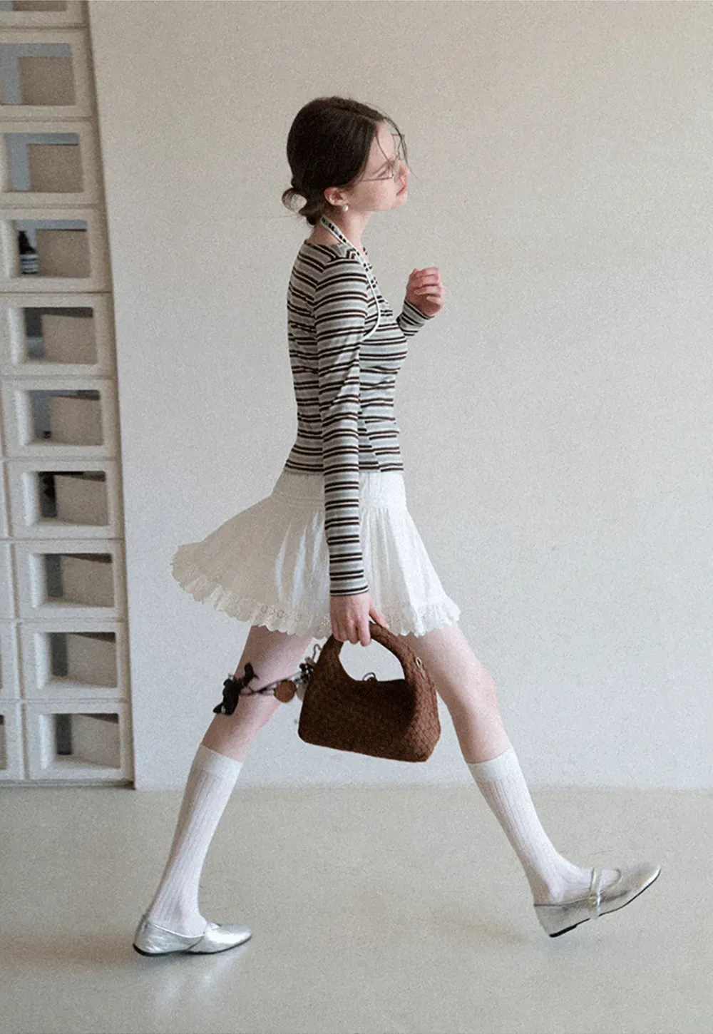 Long sleeve striped top with halter neck detail