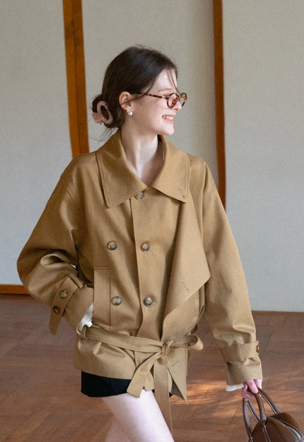 Double Breasted Short Jacket with Belted Waist