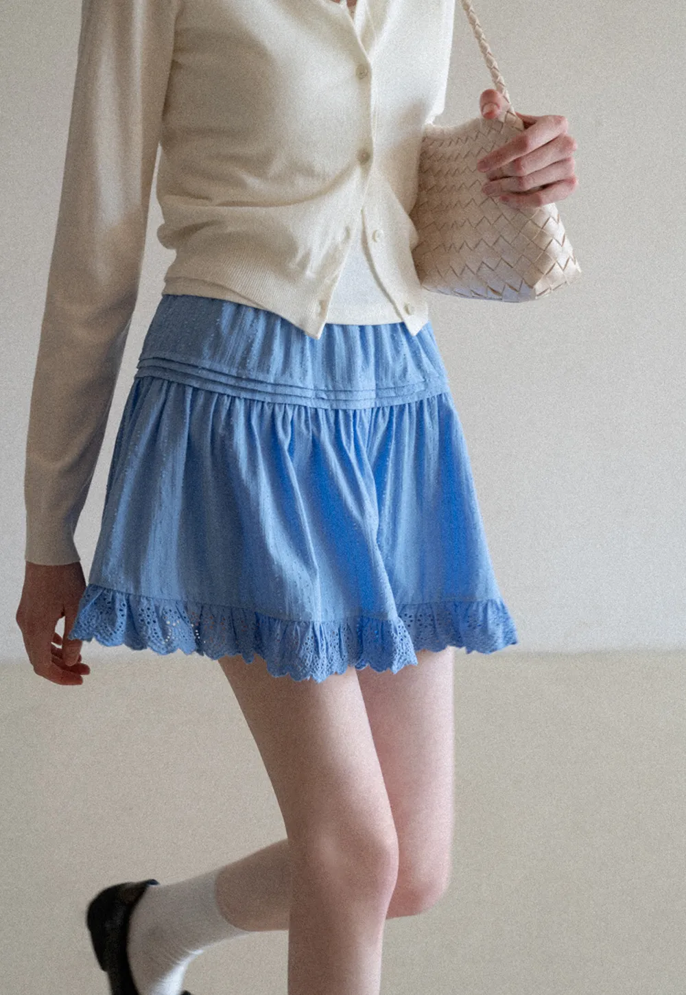 Eyelet Trimmed Tiered Skirt with Ruffled Hem