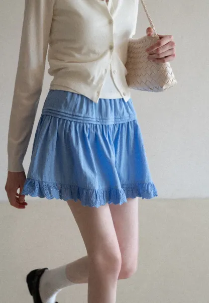 Eyelet Trimmed Tiered Skirt with Ruffled Hem