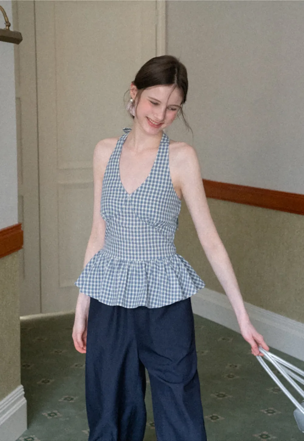 Gingham Halter Neck Peplum Top