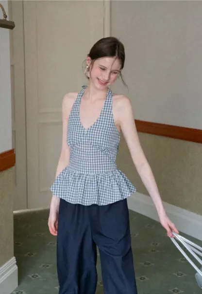 Gingham Halter Neck Peplum Top
