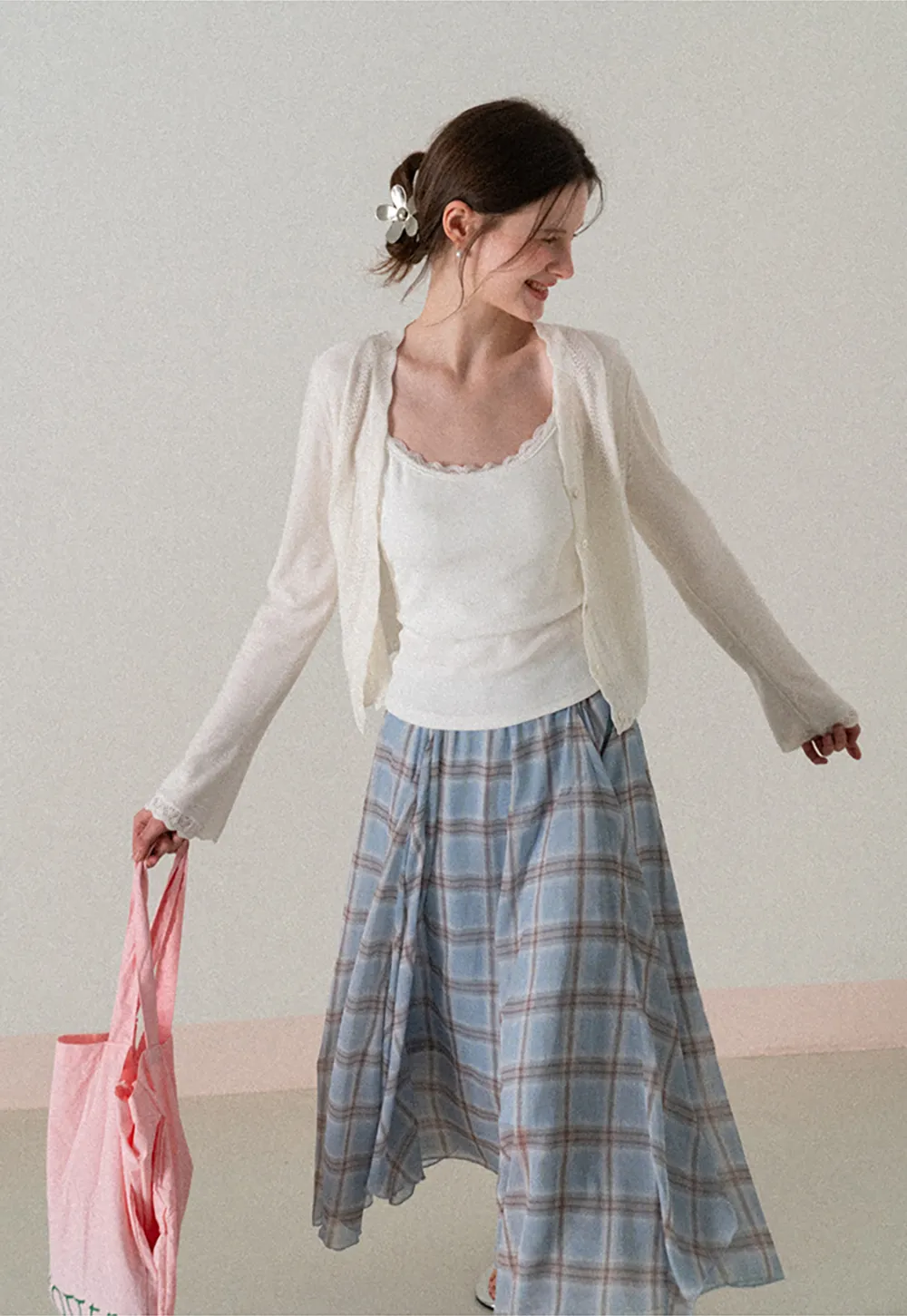 Pleated Plaid Midi Skirt with Asymmetrical Hem