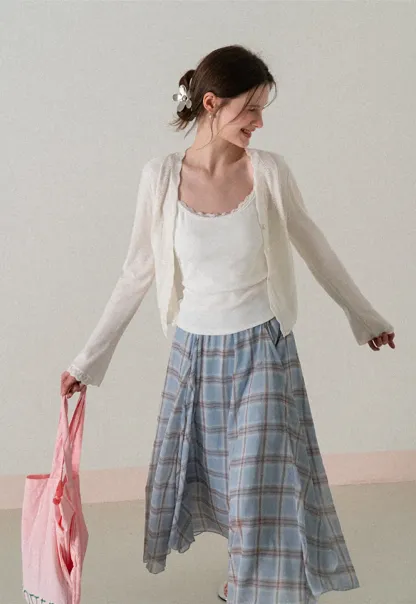 Pleated Plaid Midi Skirt with Asymmetrical Hem