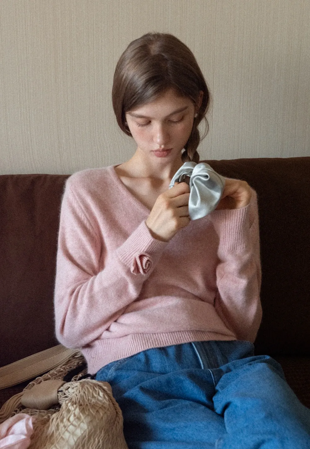 Women V-Neck Knit Sweater with Bow Cuff Detail