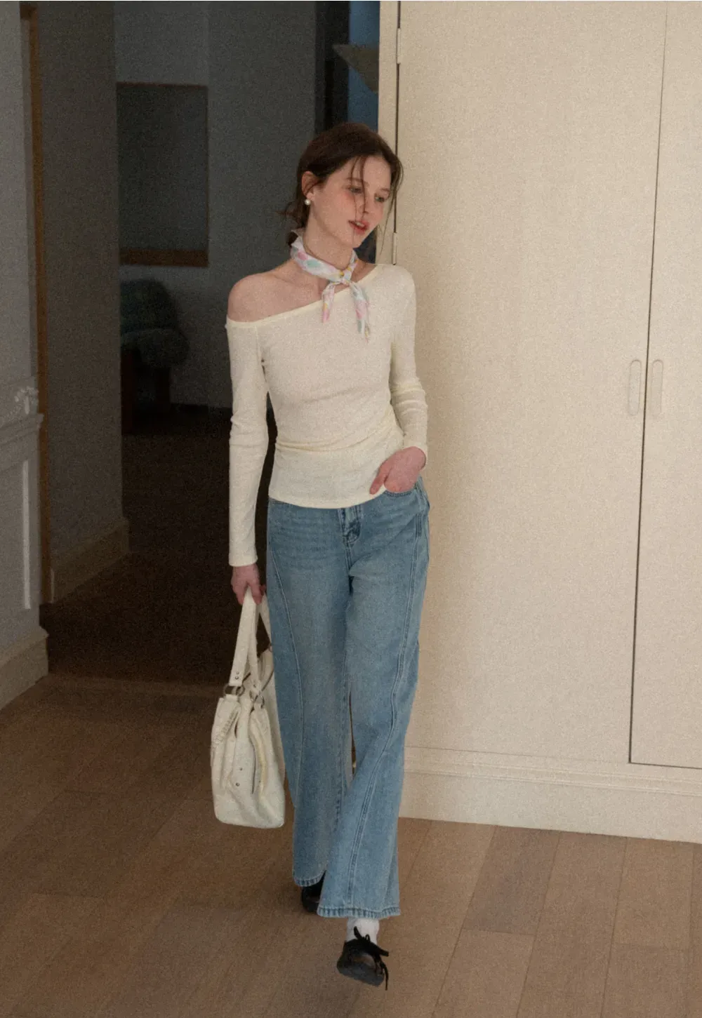 Asymmetrical long sleeve off shoulder top