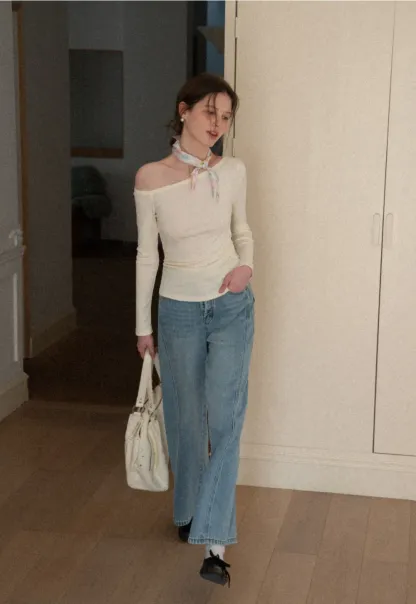 Asymmetrical long sleeve off shoulder top