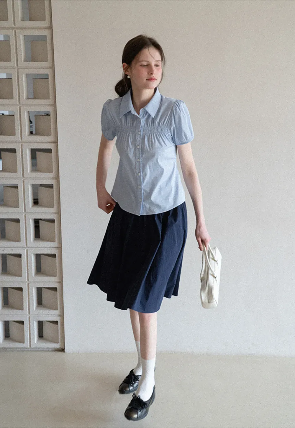 Short Sleeve Button Up Shirt with Pleated Detail