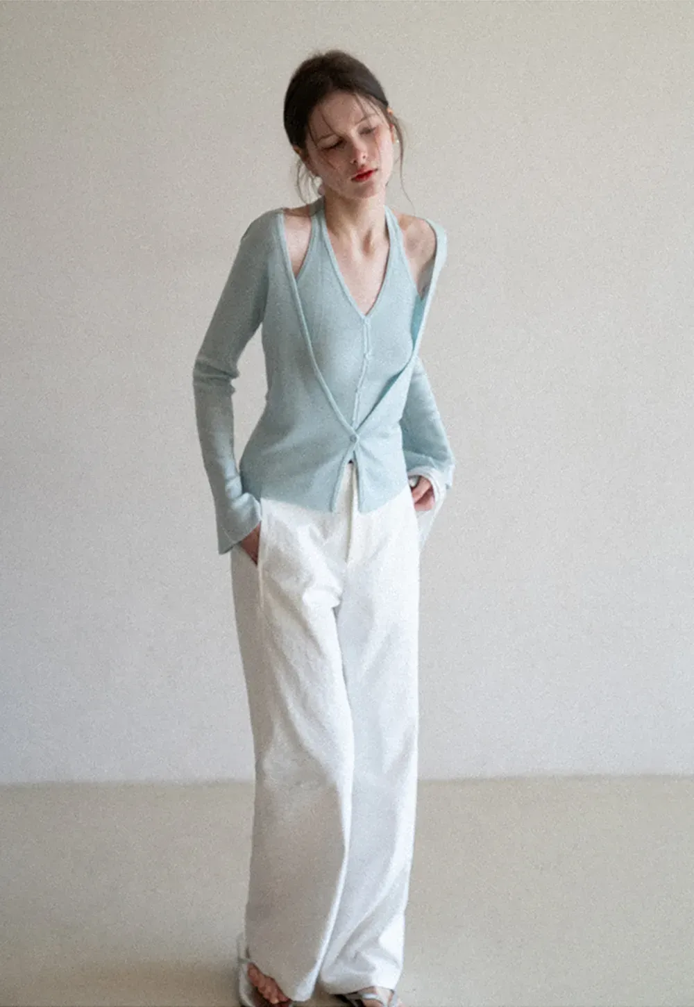 V neck long sleeve knit cardigan with open shoulders