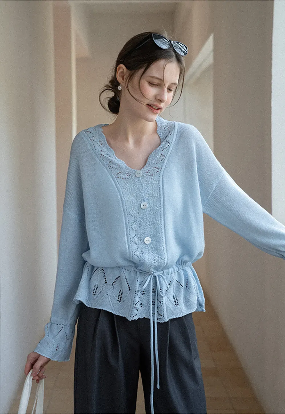 Lace Trimmed V Neck Knit Sweater with Drawstring Hem
