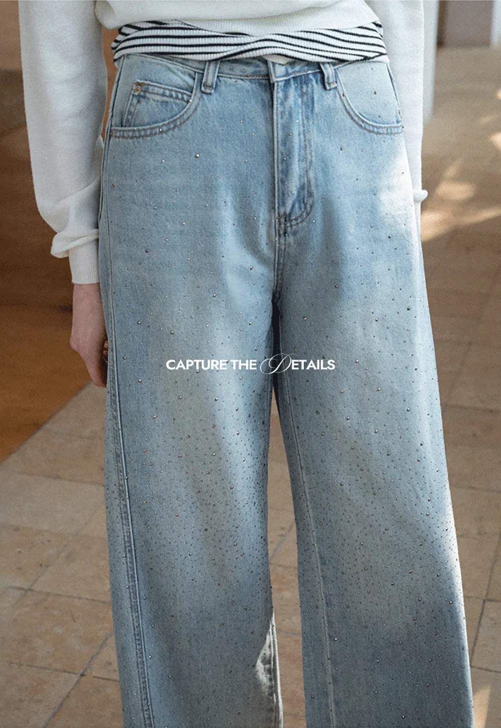 Wide leg jeans with subtle dot embellishments