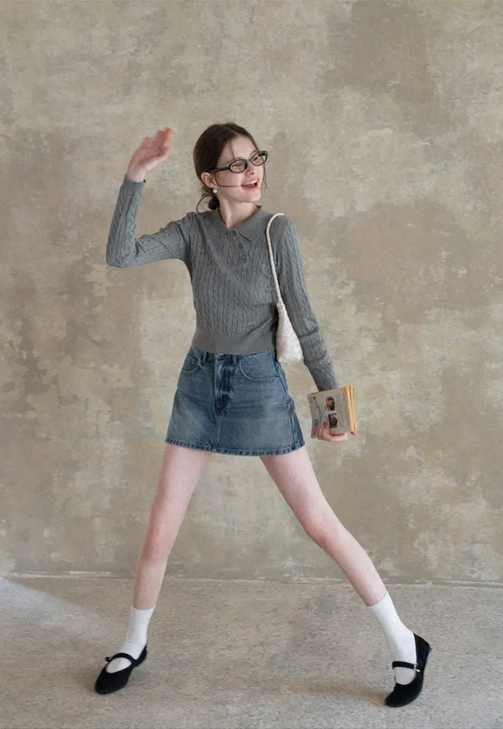 Cable Knit Long Sleeve Polo Neck Cropped Sweater