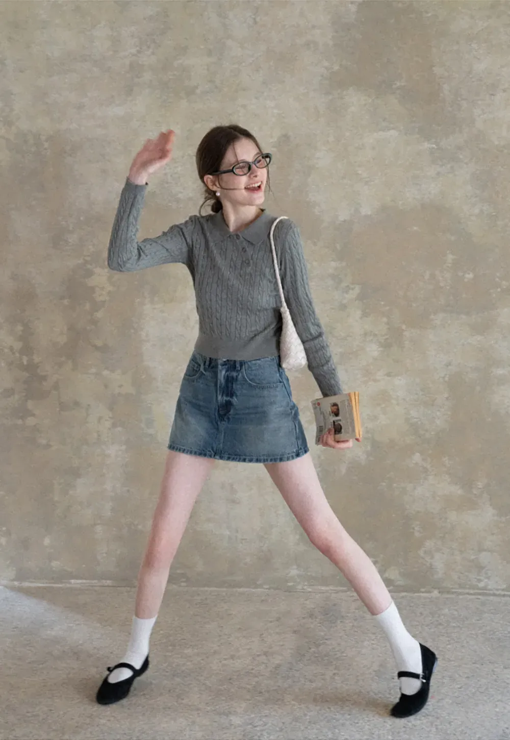 Cable Knit Long Sleeve Polo Neck Cropped Sweater