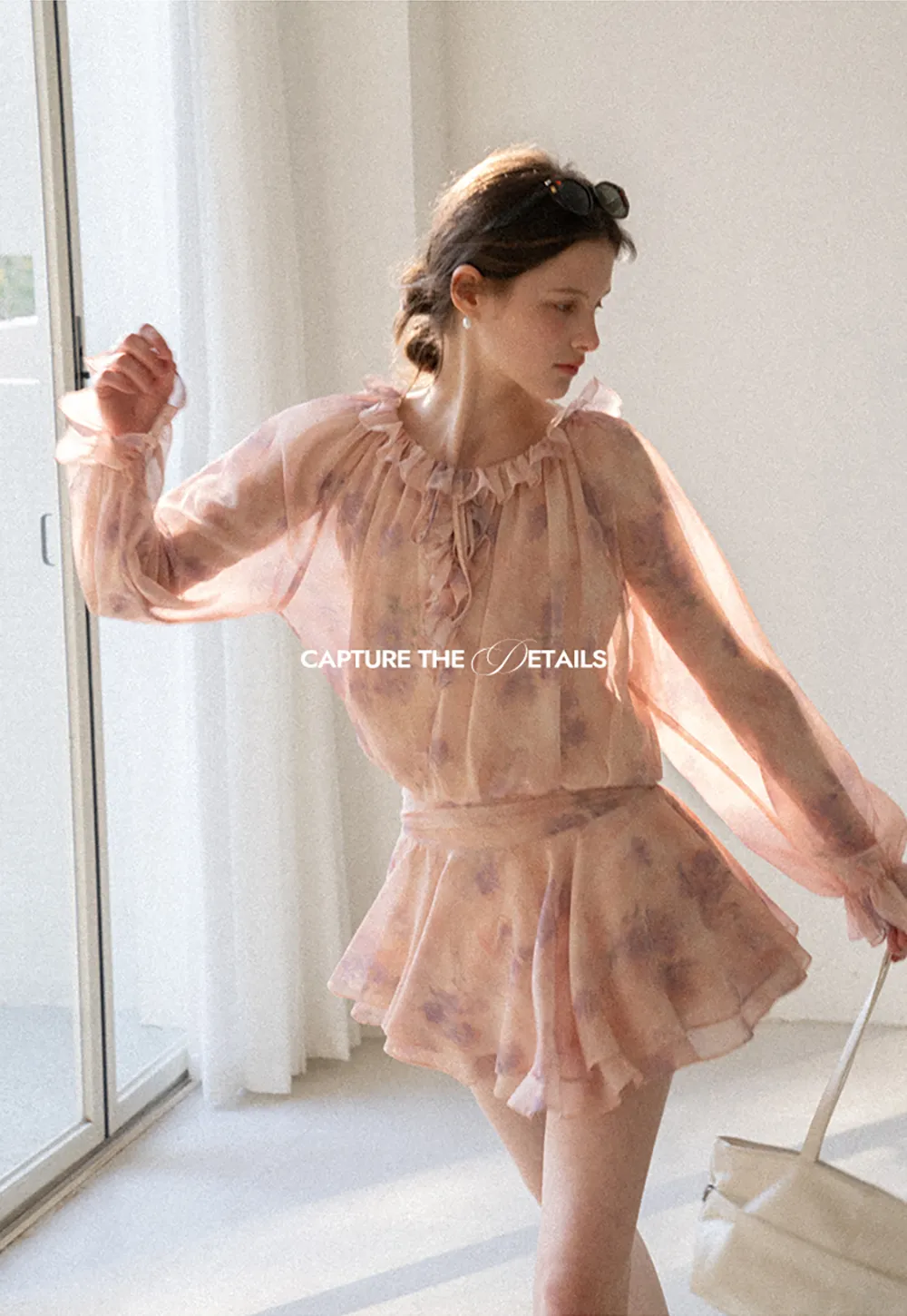 Floral Print Ruffled Neck Long Sleeve Dress