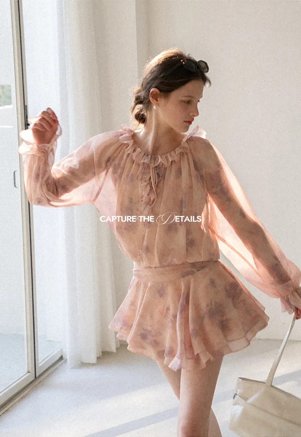 Floral Print Ruffled Neck Long Sleeve Dress