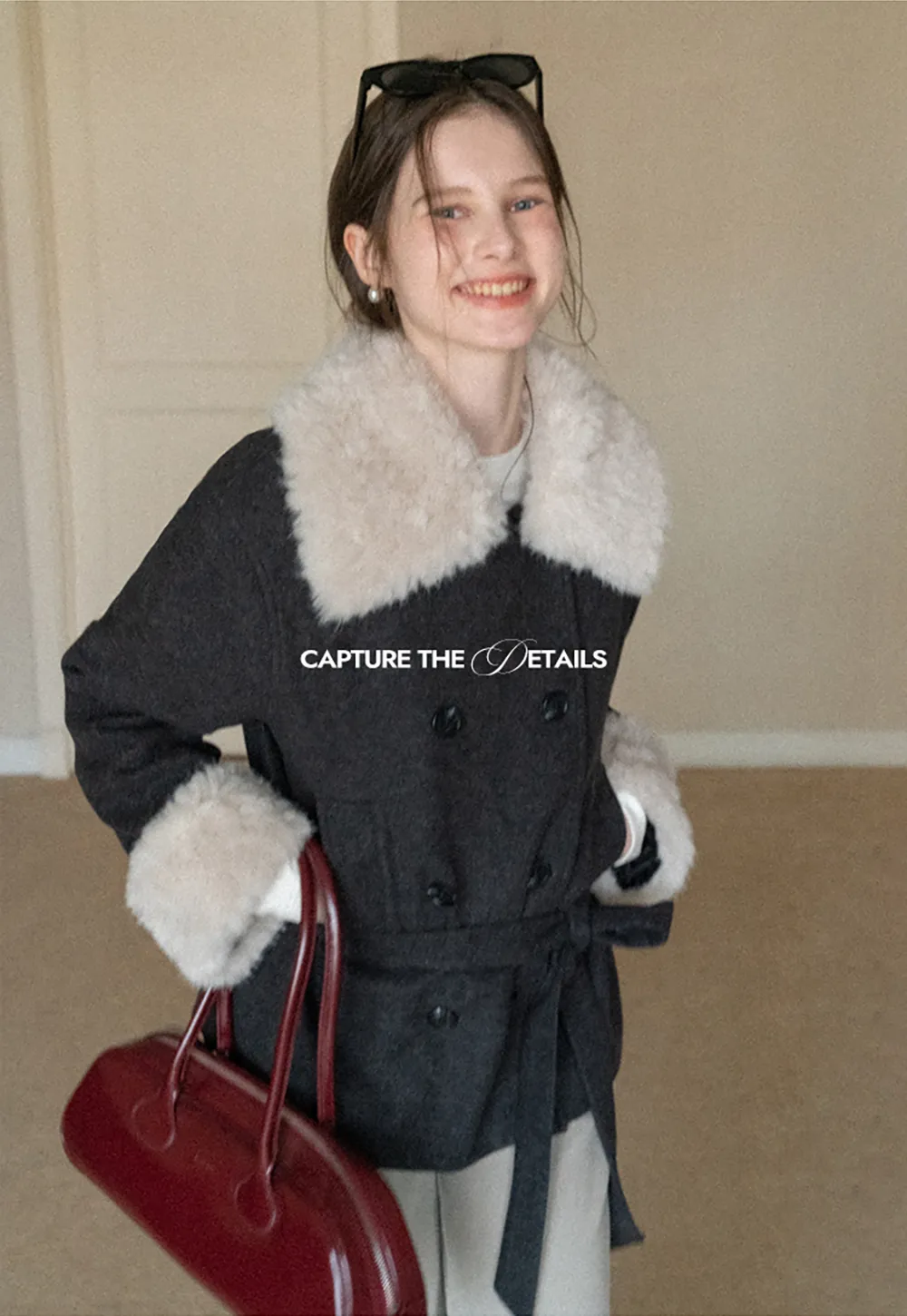 Wool Coat with Fur Collar and Cuff Belted Design