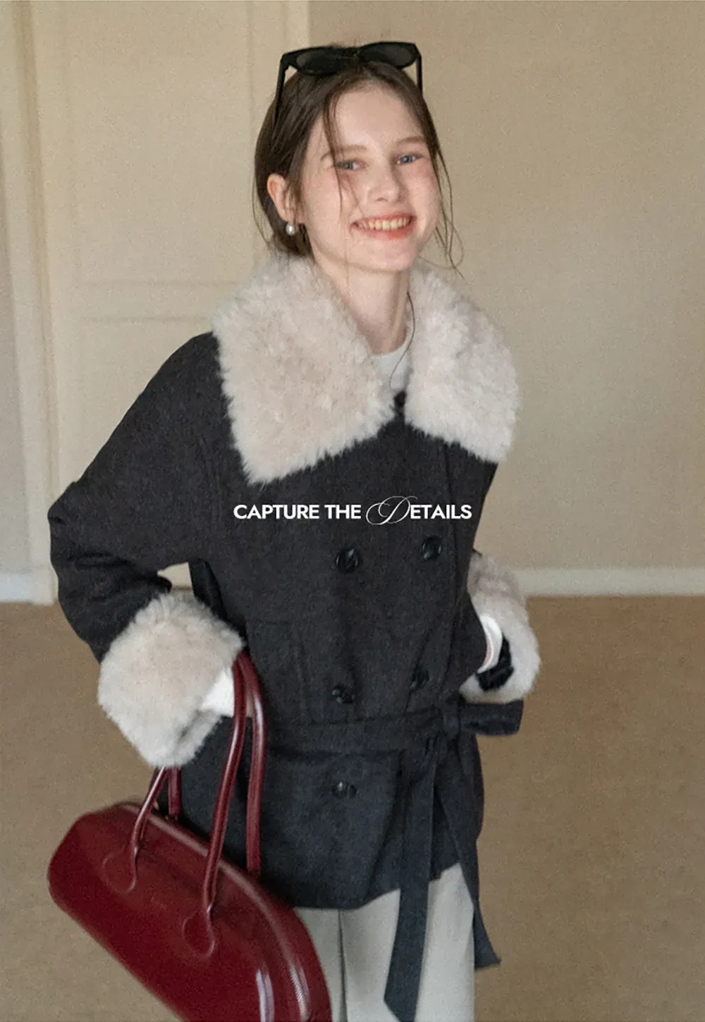 Wool Coat with Fur Collar and Cuff Belted Design