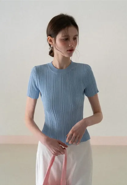 Ribbed Knit Short Sleeve Crew Neck Sweater