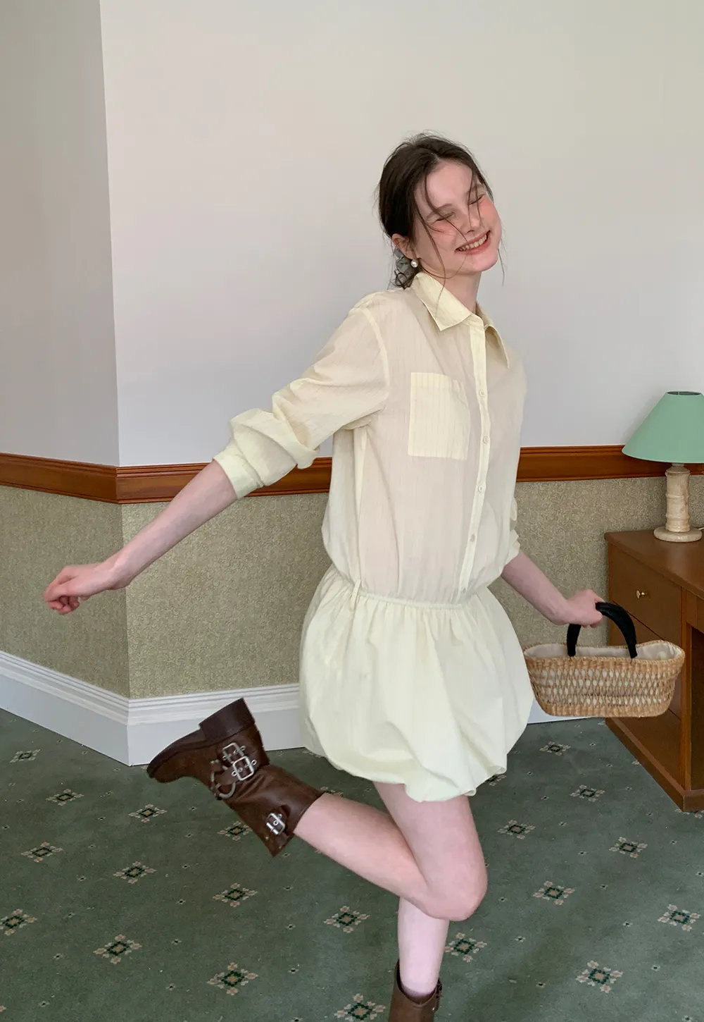 Button Front Shirt Dress with Pleated Pocket and Elastic Waist