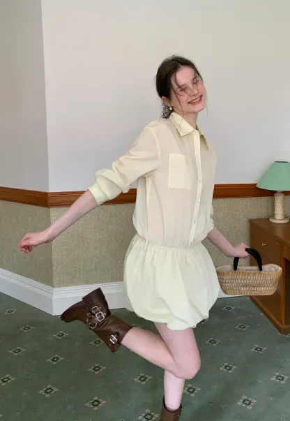 Button Front Shirt Dress with Pleated Pocket and Elastic Waist