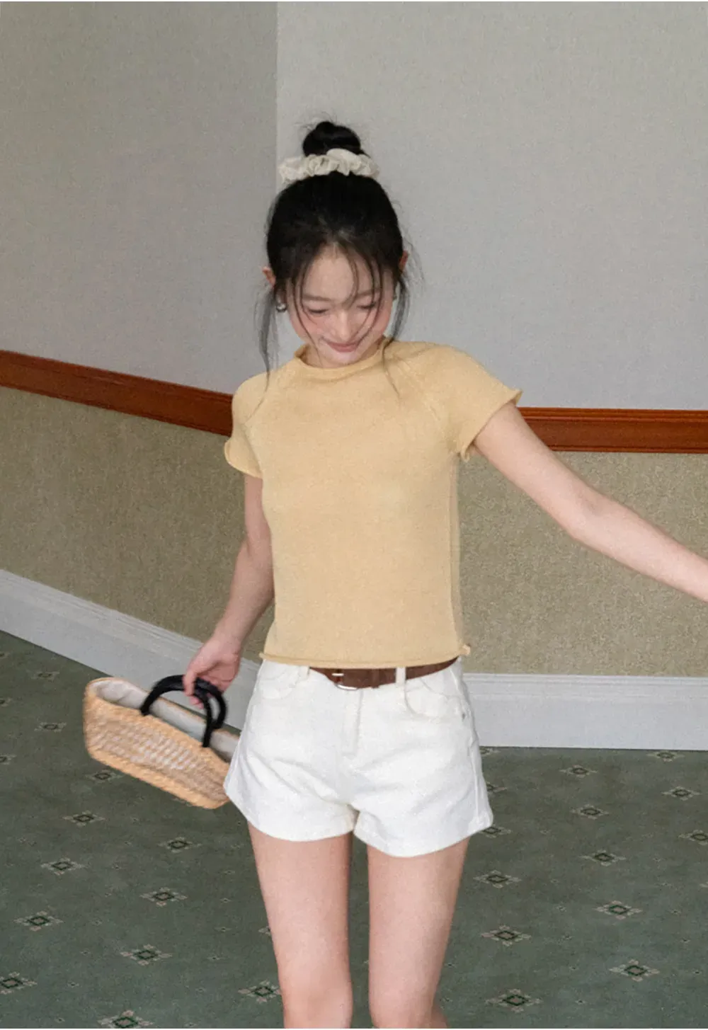 Short Sleeve Ribbed Knit Top with Raglan Sleeves