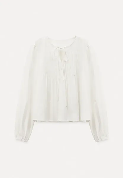 Pleated blouse with tie neck and long sleeves