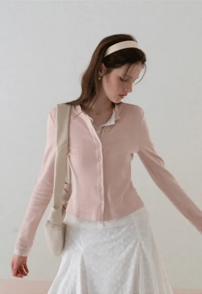 Long sleeve button front knit top with collar